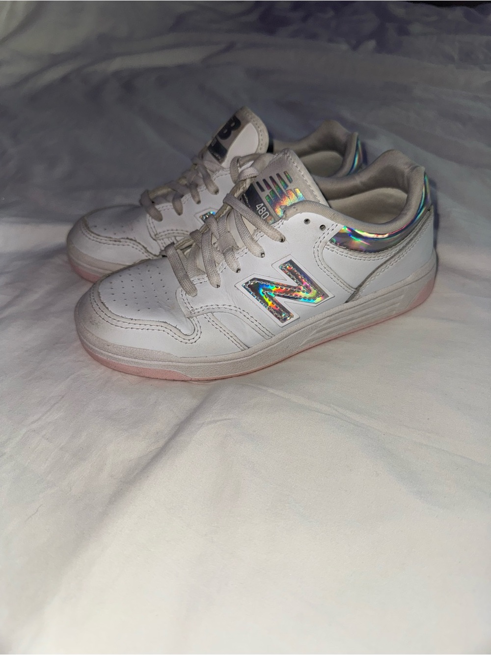 New Balance, little girl, white & holographic sneakers, size 2.5